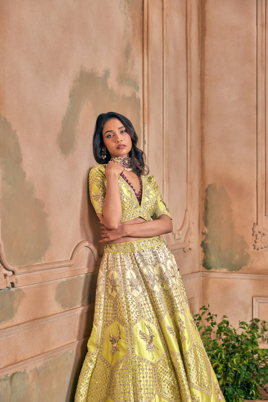 Neerus Green silk embroidered lehenga set - detail view 5