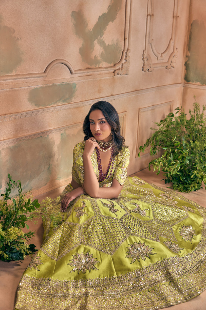 Neerus Green silk embroidered lehenga set - detail view 6
