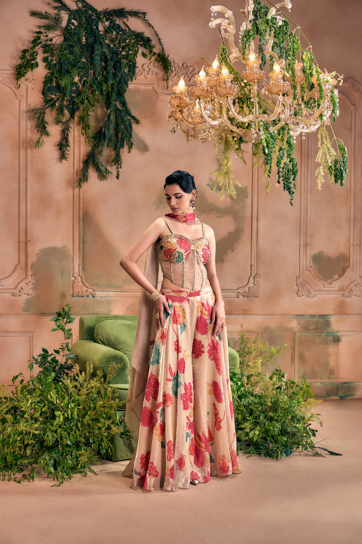 Beige Silk Floral Digital Printed Top And Palazzo With Duppata