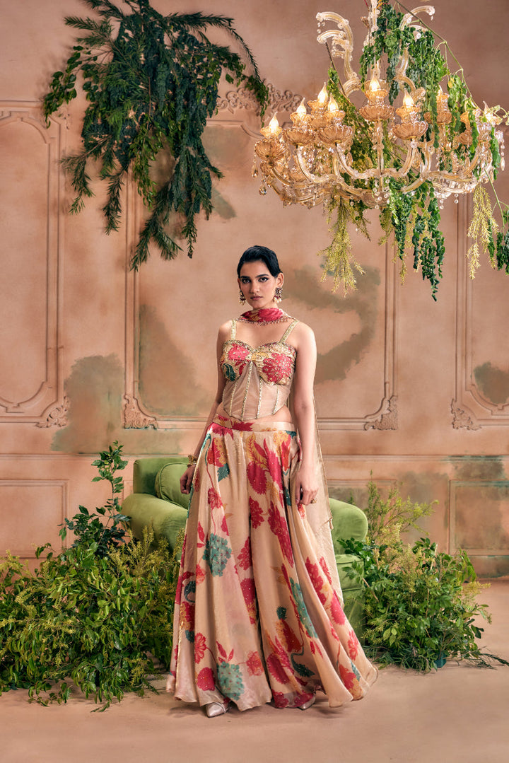 Beige Silk Floral Digital Printed Top And Palazzo With Duppata