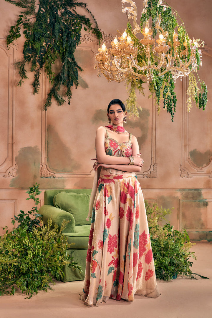 Beige Silk Floral Digital Printed Top And Palazzo With Duppata