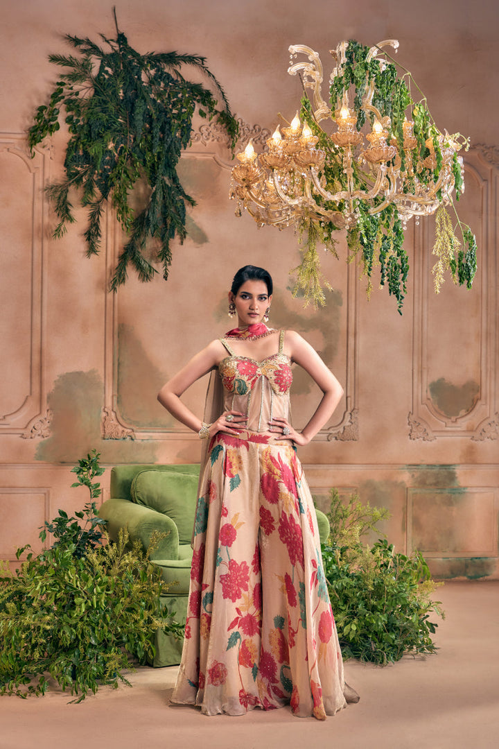 Beige Silk Floral Digital Printed Top And Palazzo With Duppata