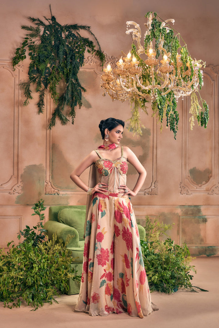 Beige Silk Floral Digital Printed Top And Palazzo With Duppata