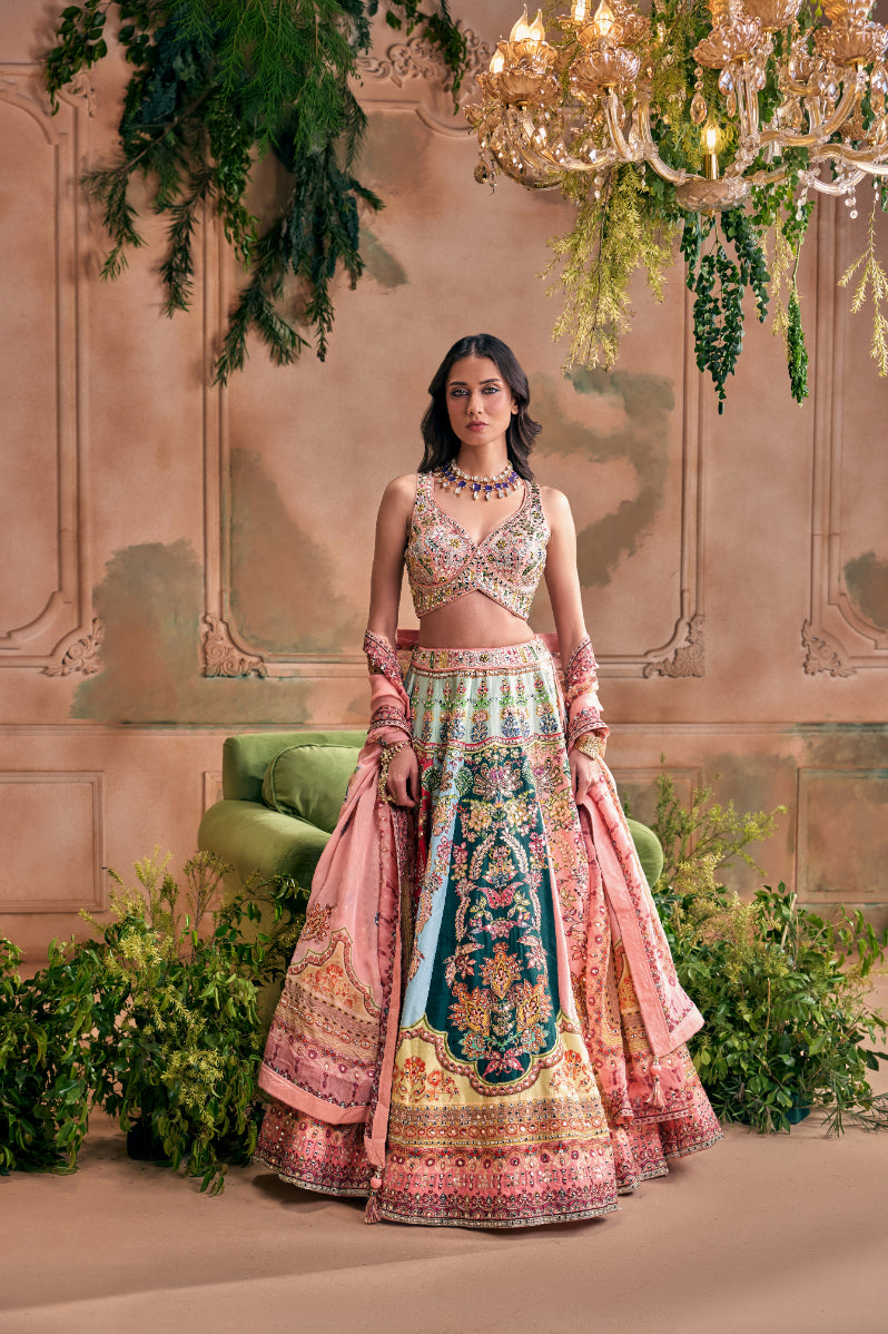 Neerus Pink silk embroidered lehenga set - front view