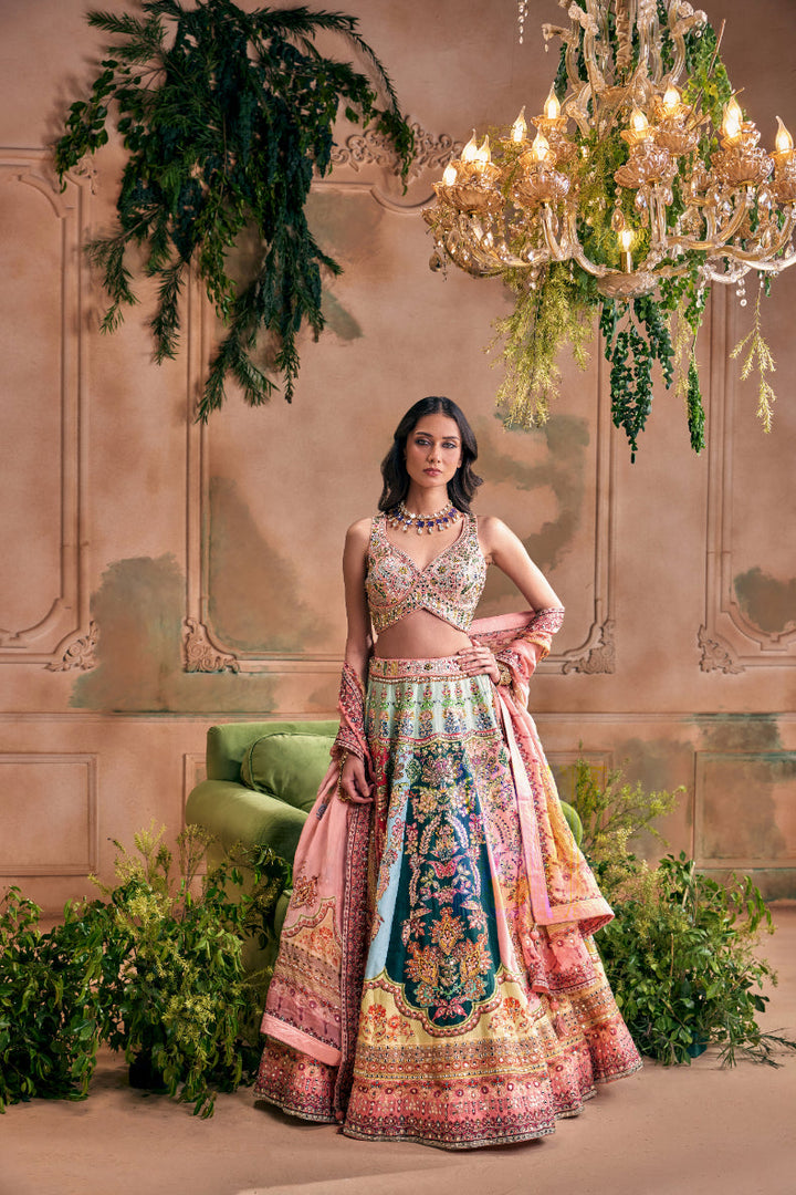 Neerus Pink silk embroidered lehenga set - back view