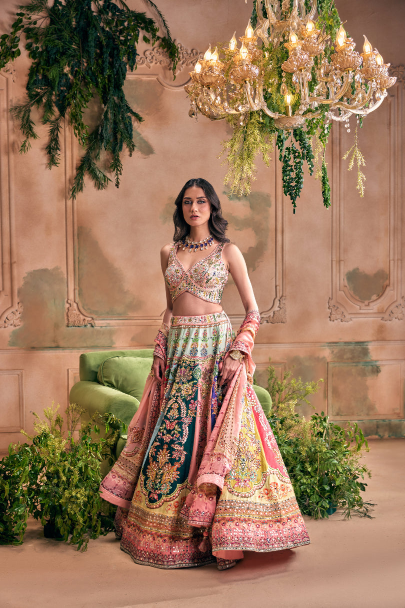 Neerus Pink silk embroidered lehenga set - side view