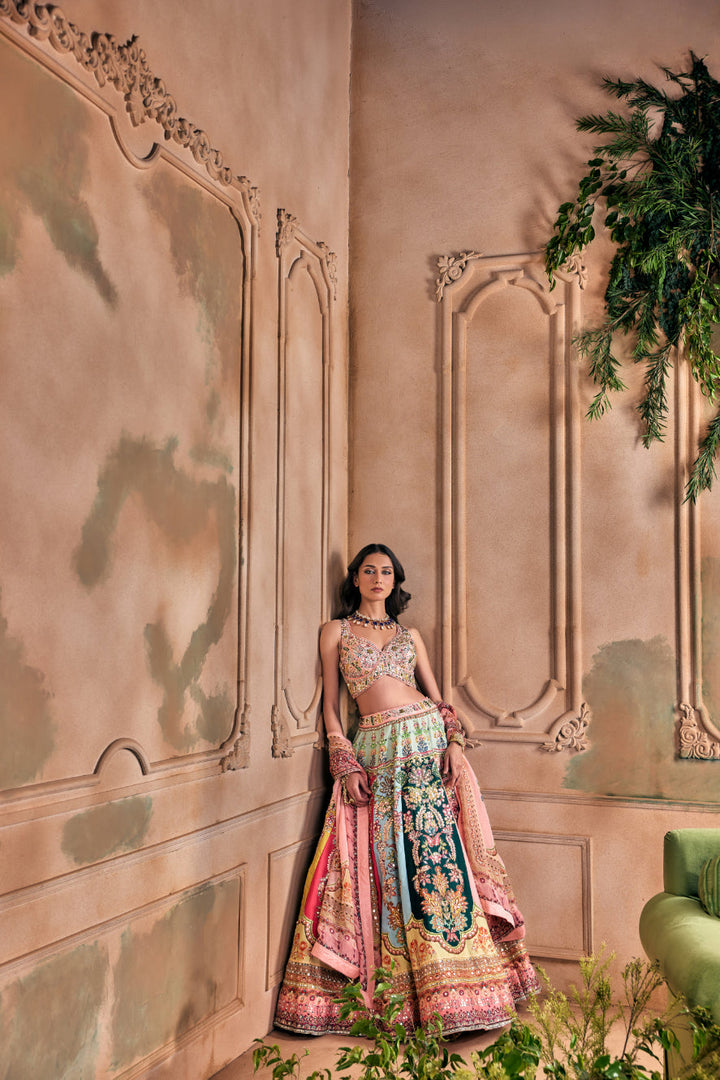 Neerus Pink silk embroidered lehenga set - detail view 1