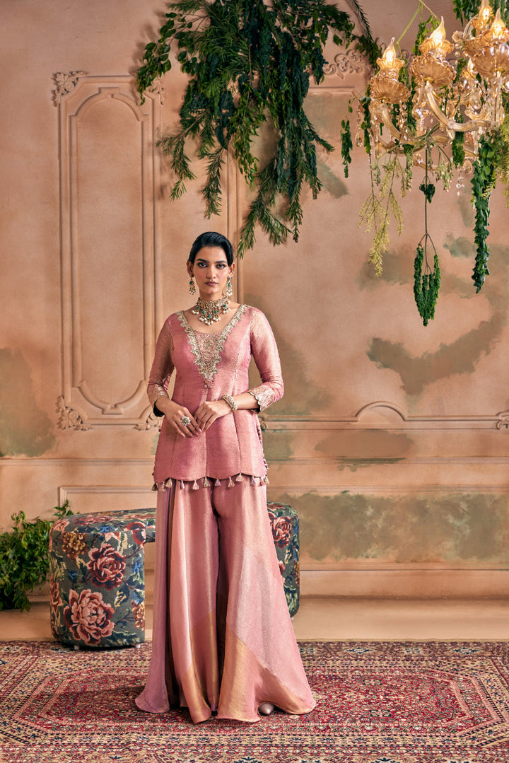 Neerus Pink tissue embroidered suit set with palazzo and dupatta - back view