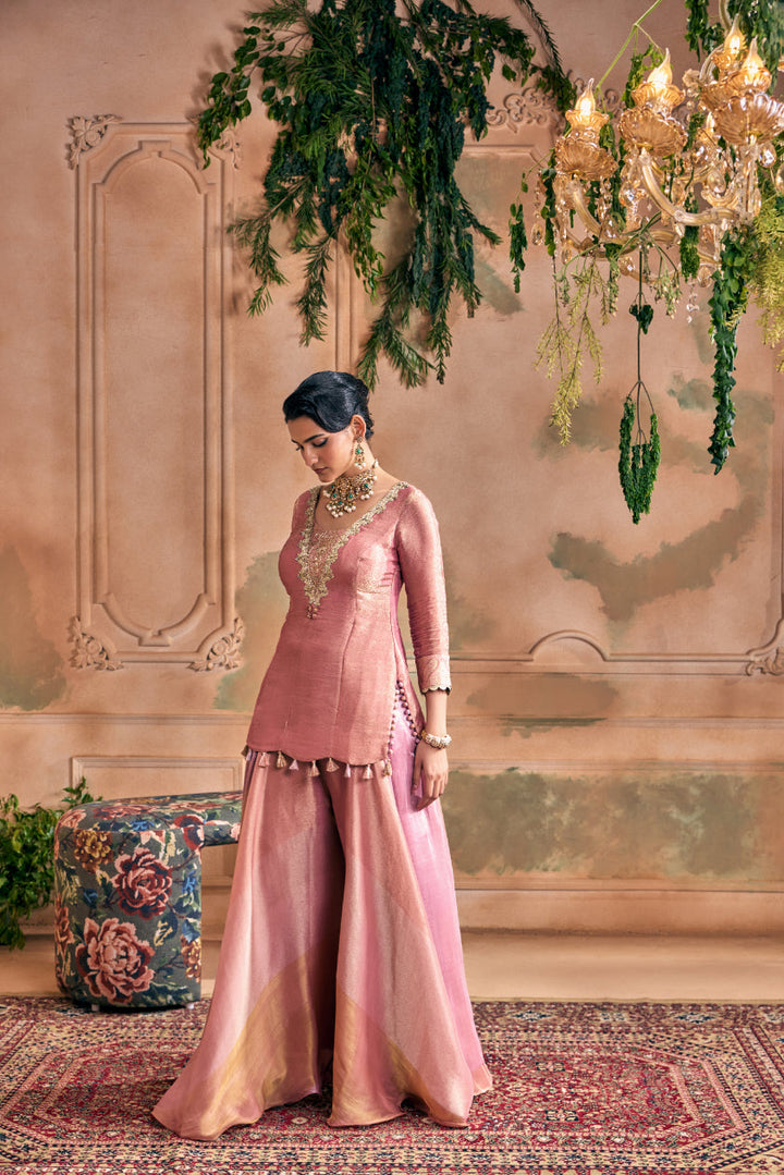 Neerus Pink tissue embroidered suit set with palazzo and dupatta - side view