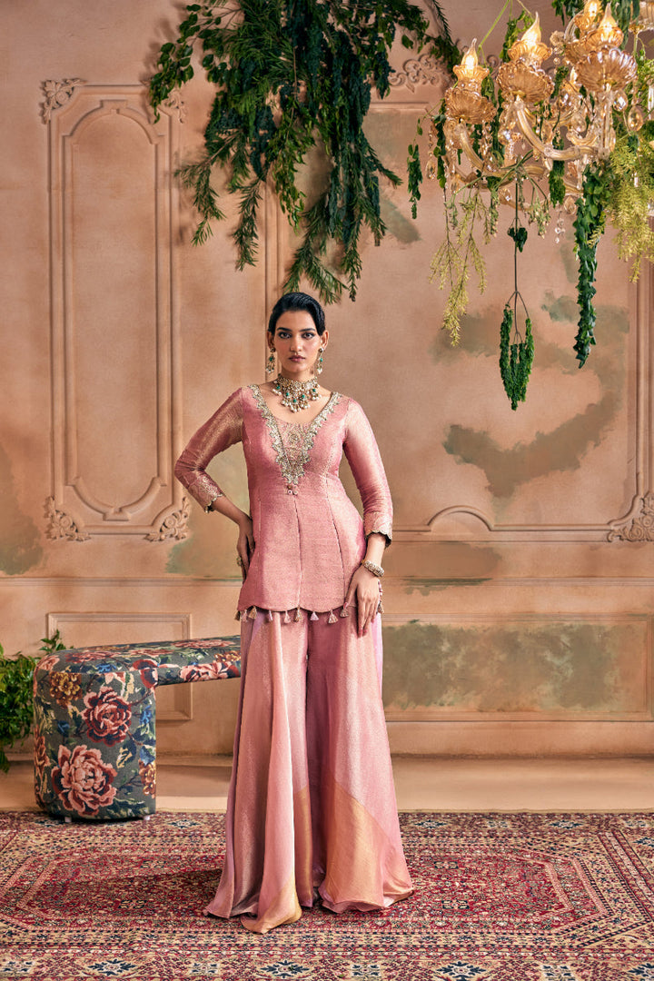 Neerus Pink tissue embroidered suit set with palazzo and dupatta - detail view 1
