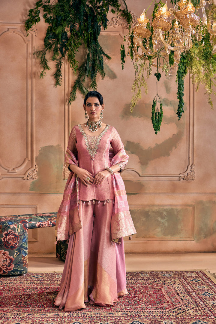 Neerus Pink tissue embroidered suit set with palazzo and dupatta - detail view 2