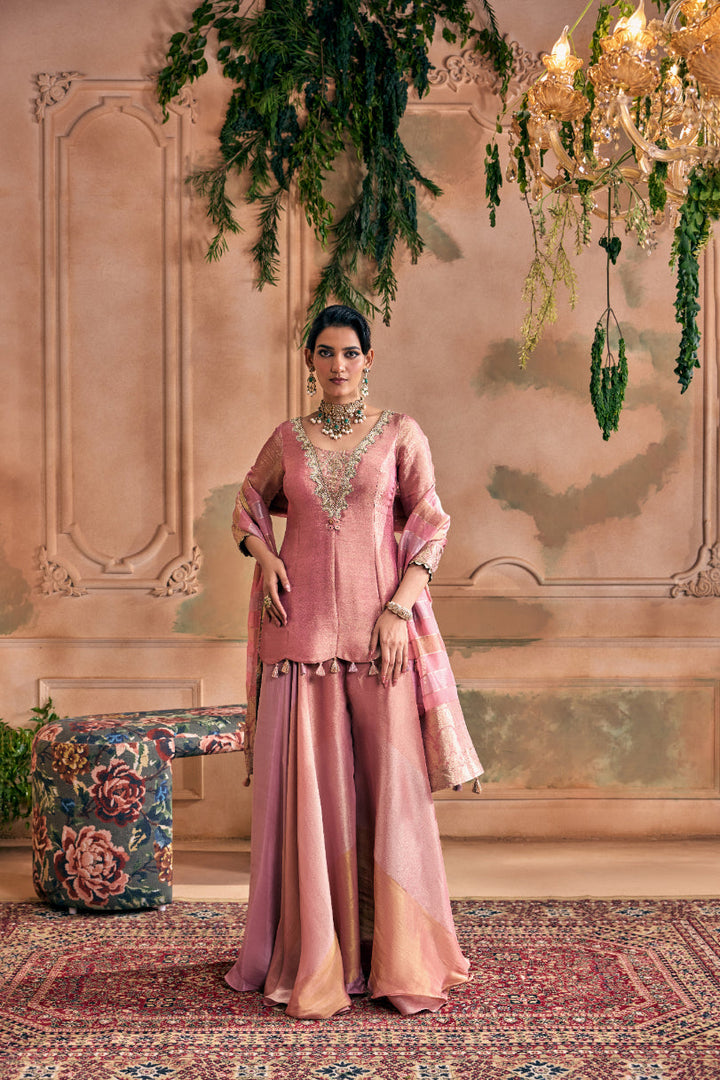 Neerus Pink tissue embroidered suit set with palazzo and dupatta - front view