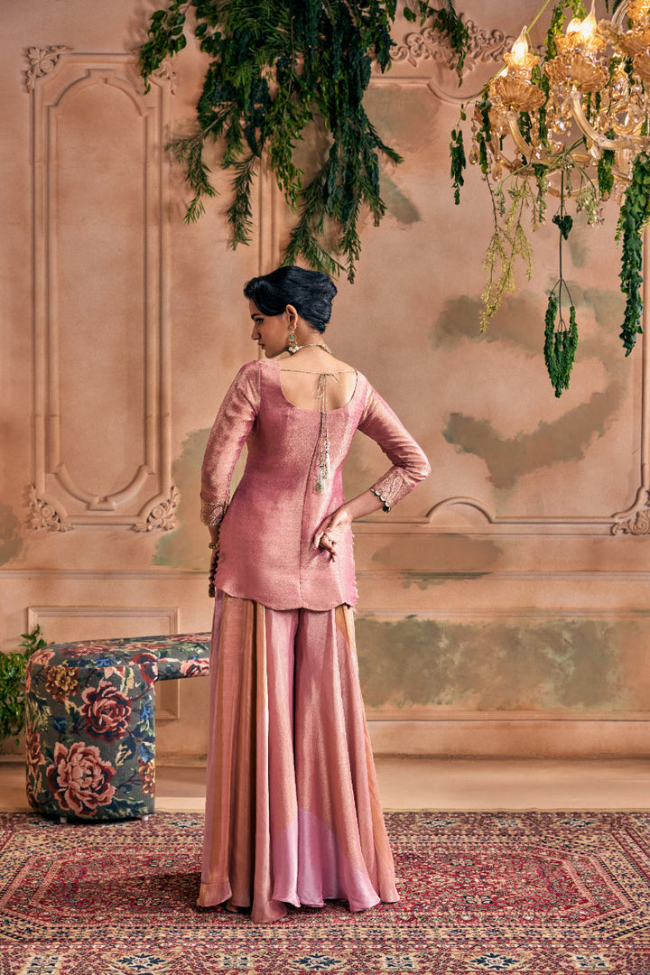Neerus Pink tissue embroidered suit set with palazzo and dupatta - detail view 3