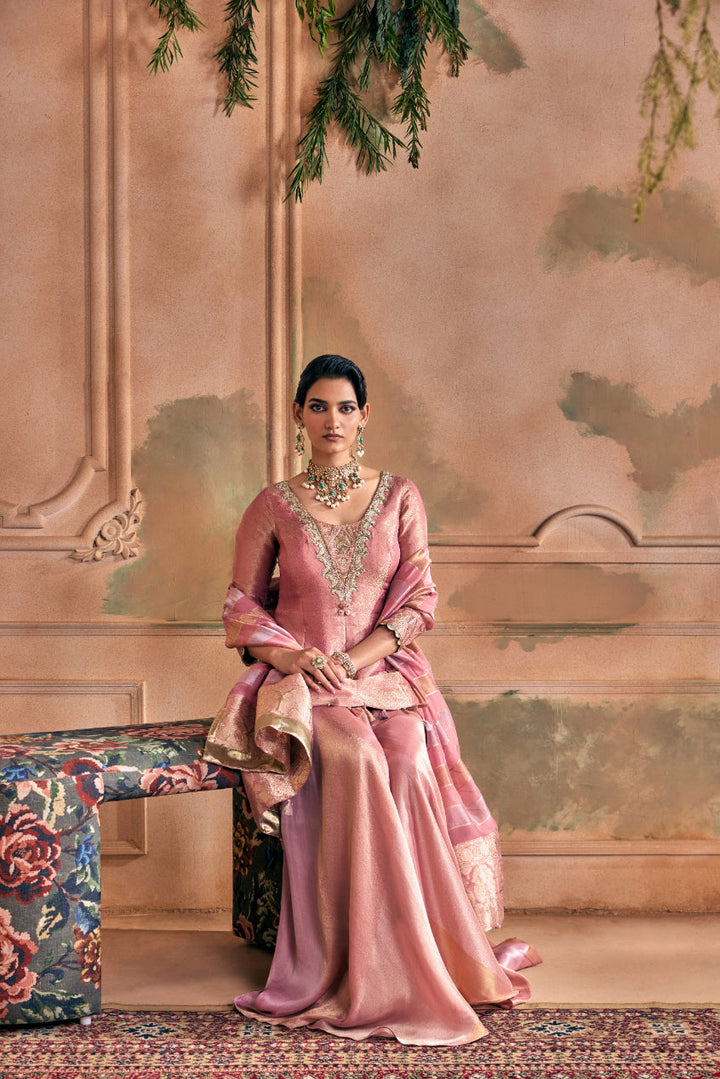 Neerus Pink tissue embroidered suit set with palazzo and dupatta - detail view 4