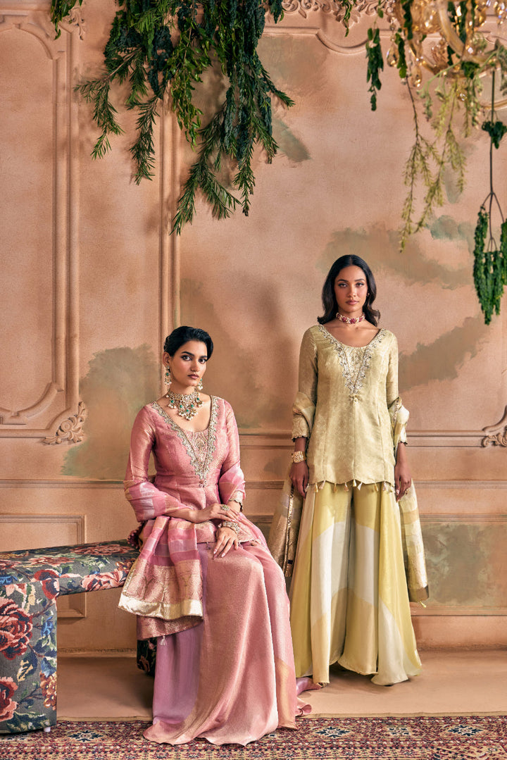 Neerus Pink tissue embroidered suit set with palazzo and dupatta - detail view 5