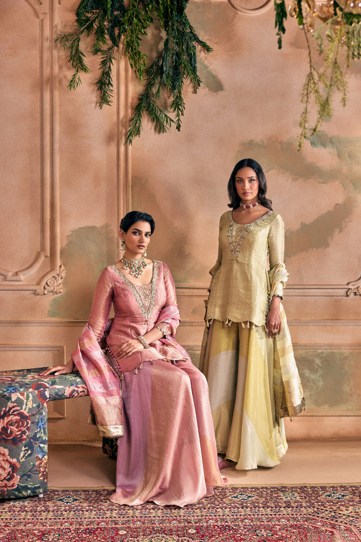 Neerus Pink tissue embroidered suit set with palazzo and dupatta - detail view 6