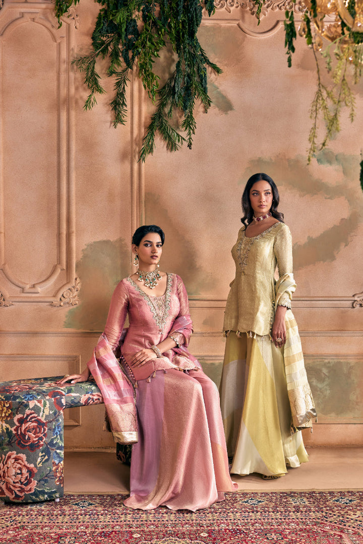 Neerus Pink tissue embroidered suit set with palazzo and dupatta - detail view 7