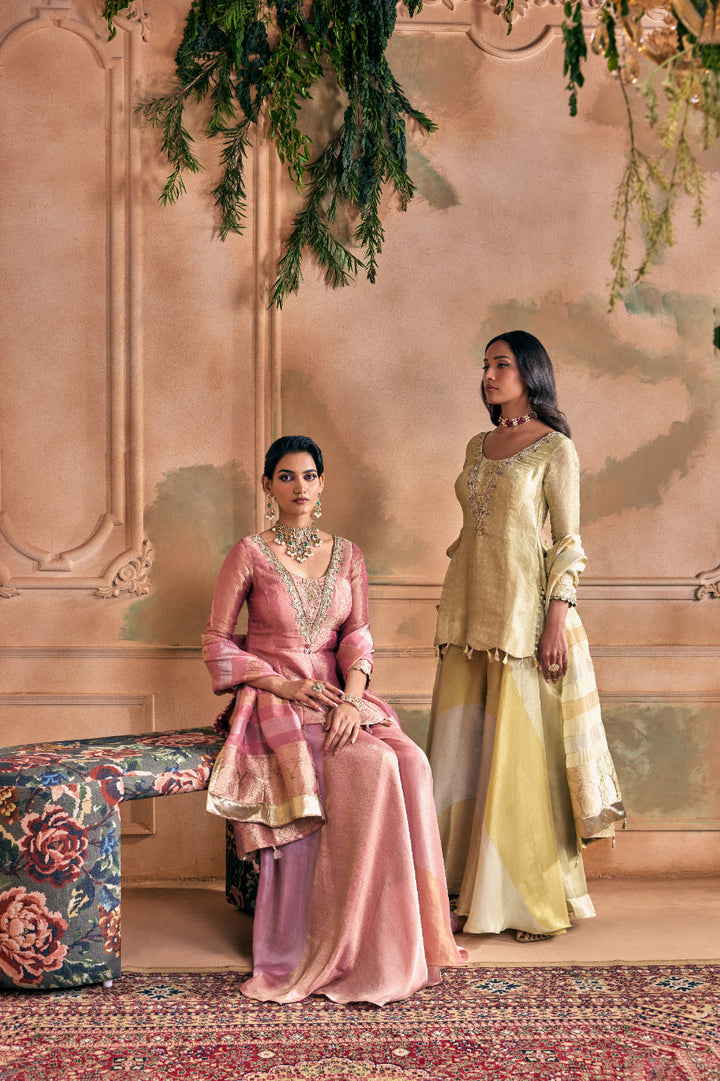 Neerus Pink tissue embroidered suit set with palazzo and dupatta - detail view 8