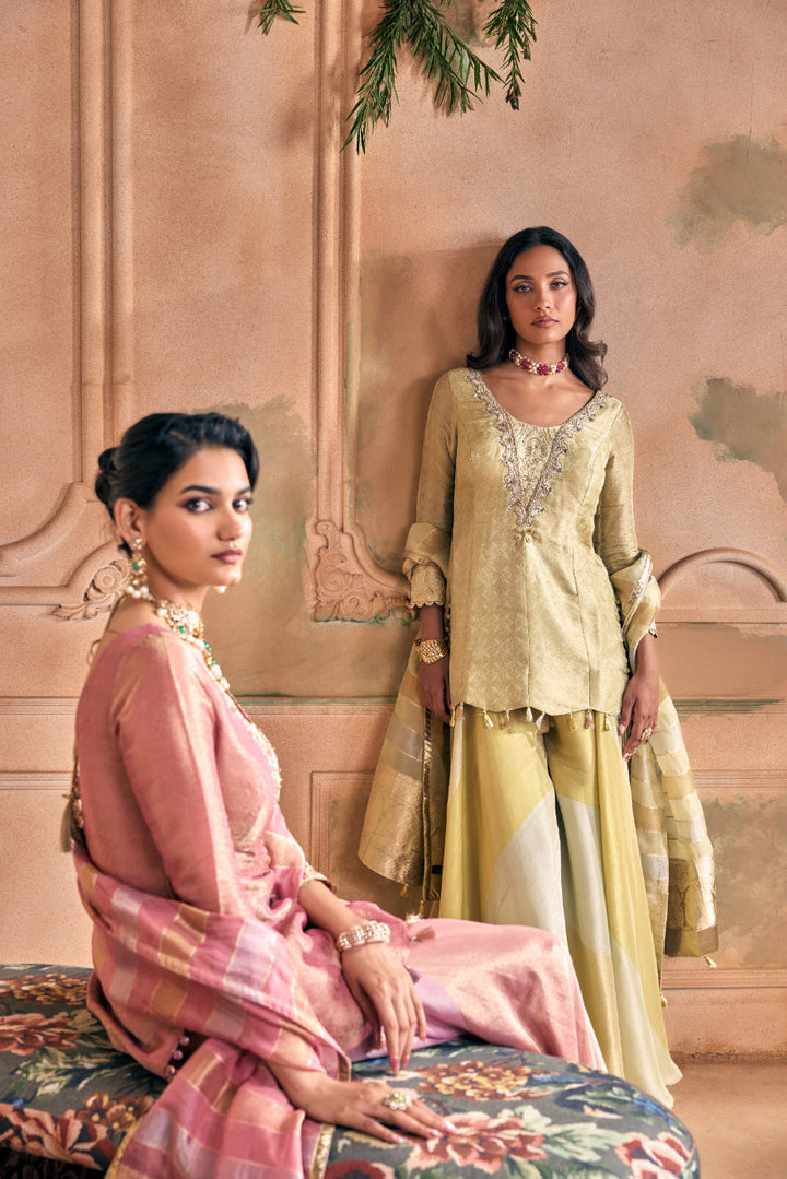 Neerus Pink tissue embroidered suit set with palazzo and dupatta - detail view 9