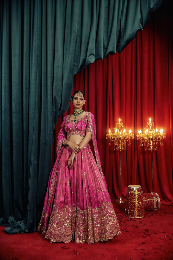 Neerus Purple tissue hand embroidered lehenga set - back view
