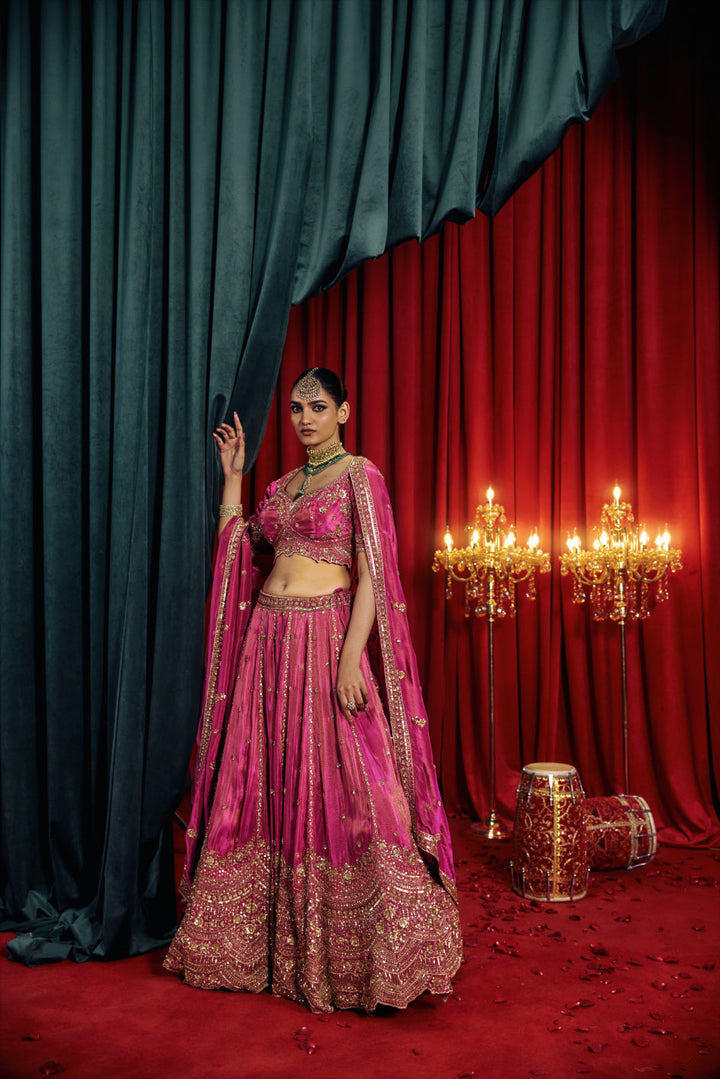 Neerus Purple tissue hand embroidered lehenga set - side view