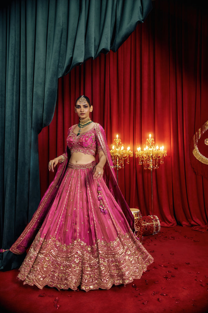 Neerus Purple tissue hand embroidered lehenga set - front view