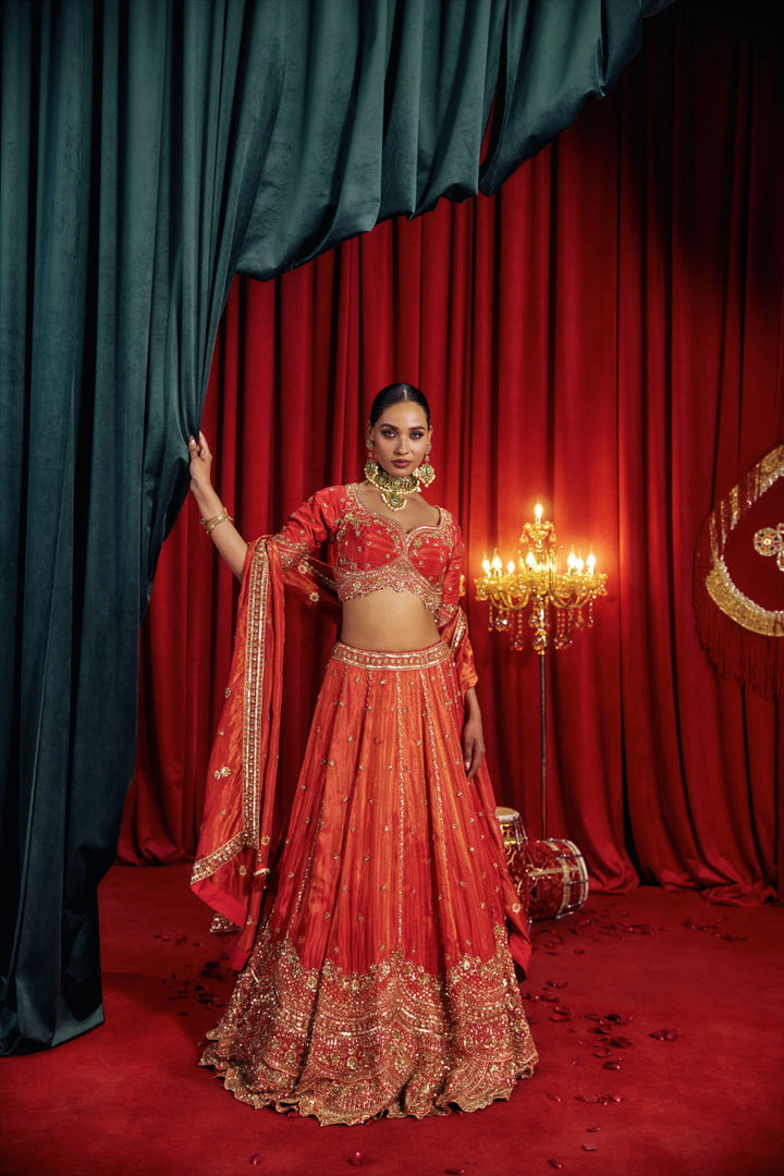 Neerus Red tissue hand embroidered lehenga set - side view