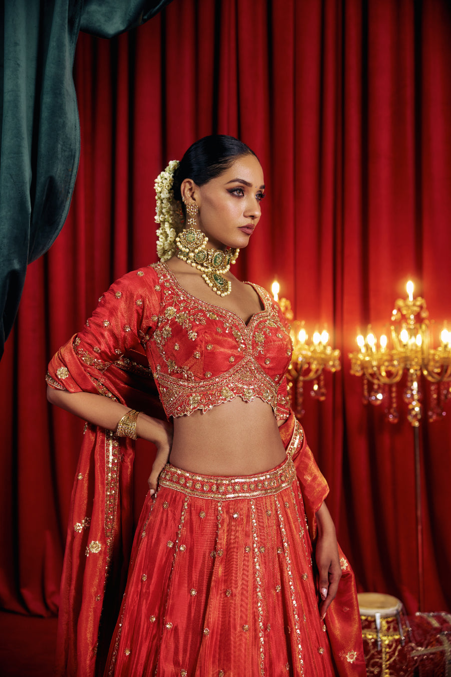 Neerus Red tissue hand embroidered lehenga set - detail view 1