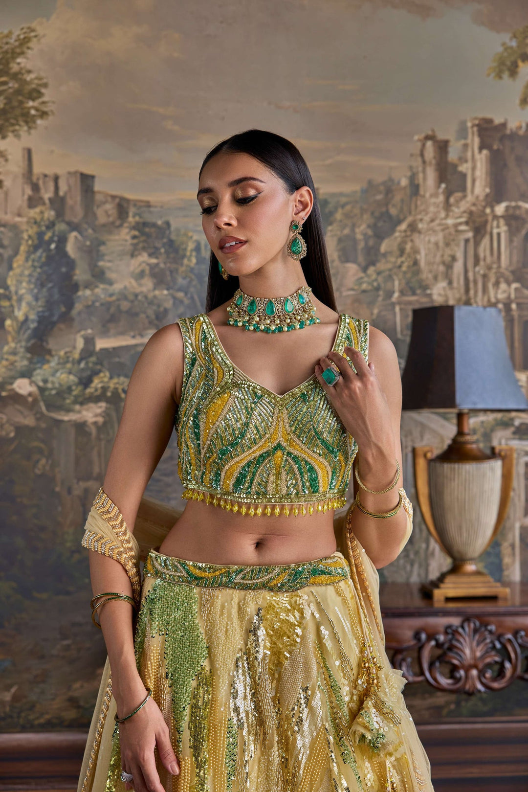 Neerus Yellow net embellished lehenga set - back view