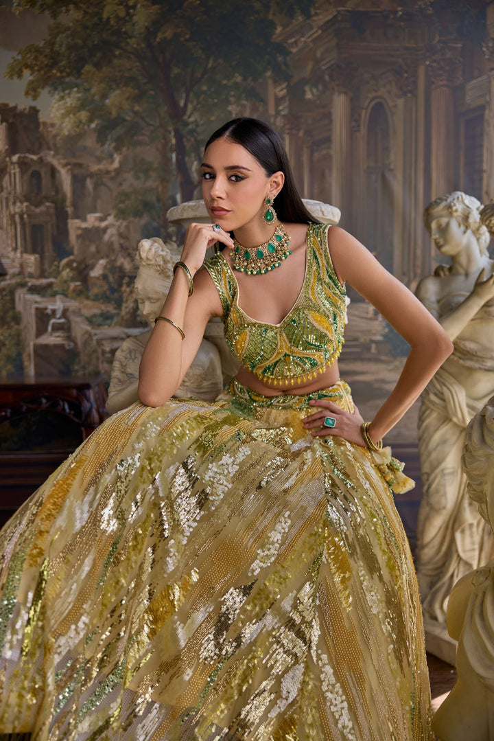 Neerus Yellow net embellished lehenga set - side view