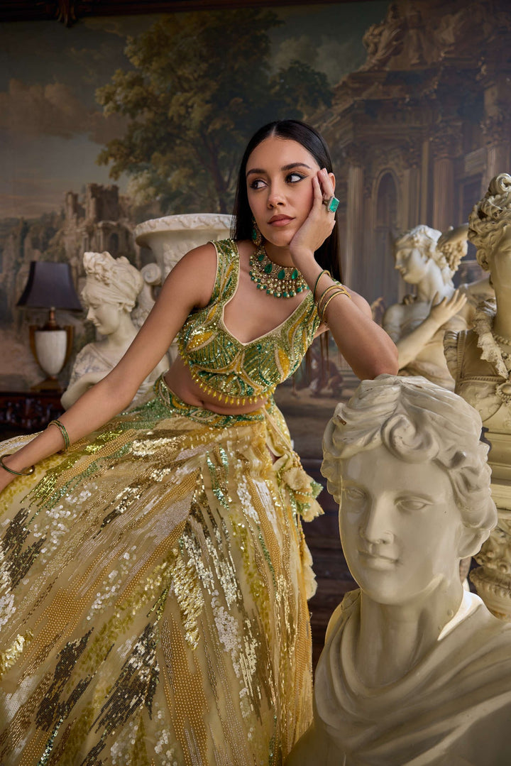 Yellow Net Heavy Sequins and Embroidered Ghagra set