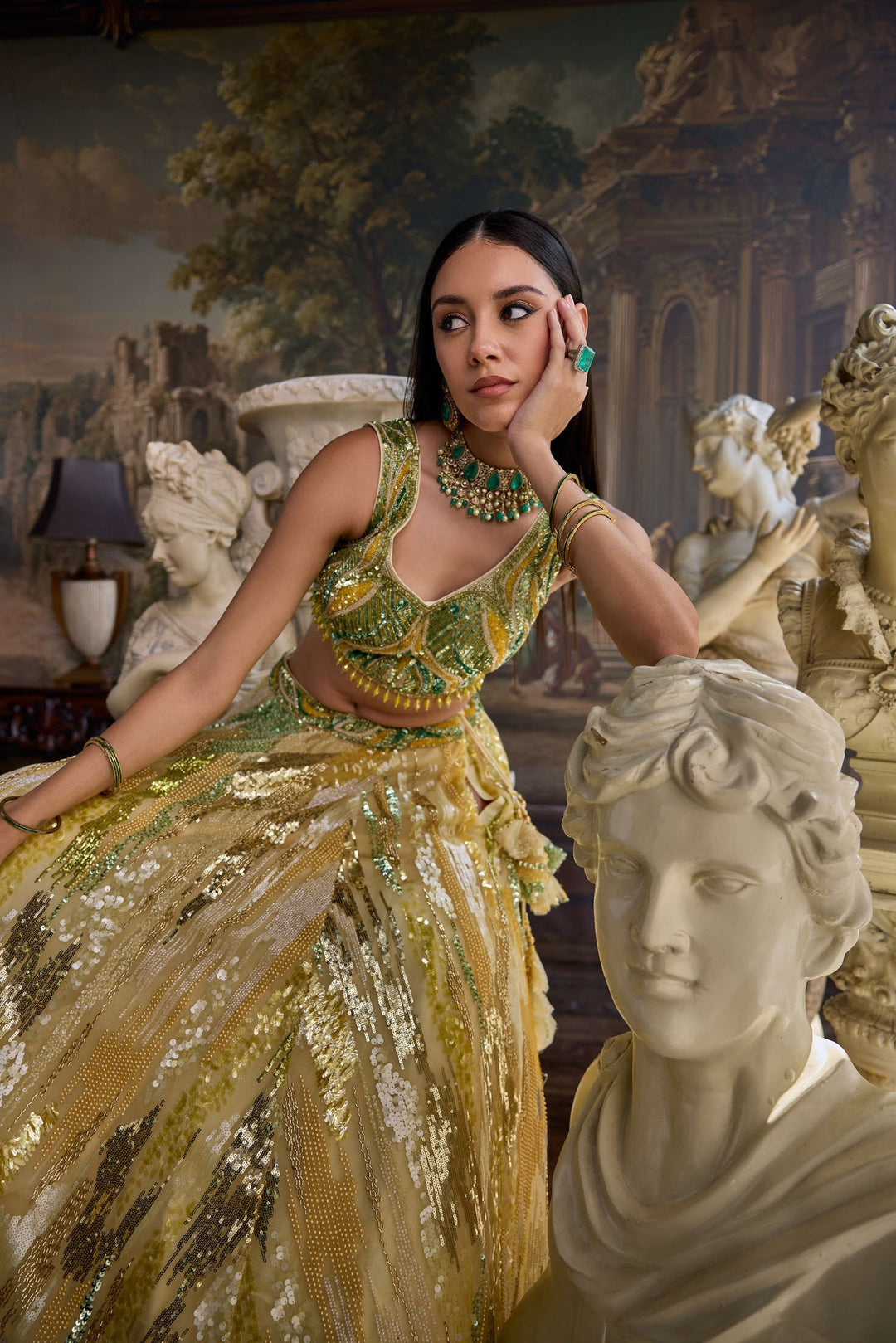 Neerus Yellow net embellished lehenga set - detail view 1