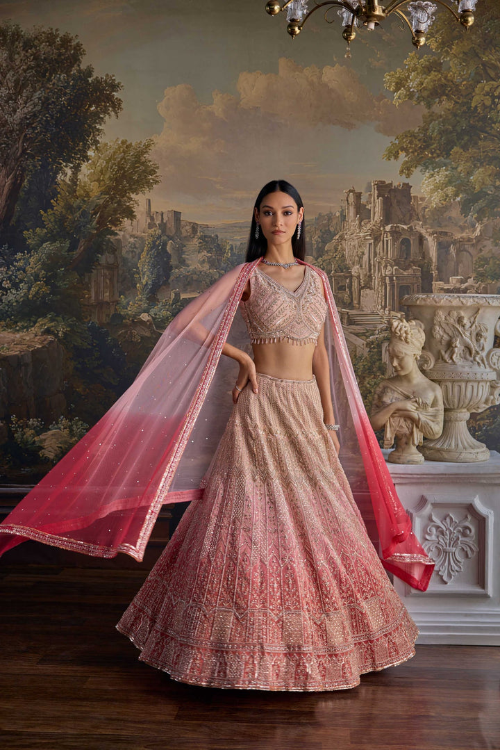 Neerus Pink tissue embellished lehenga set - back view