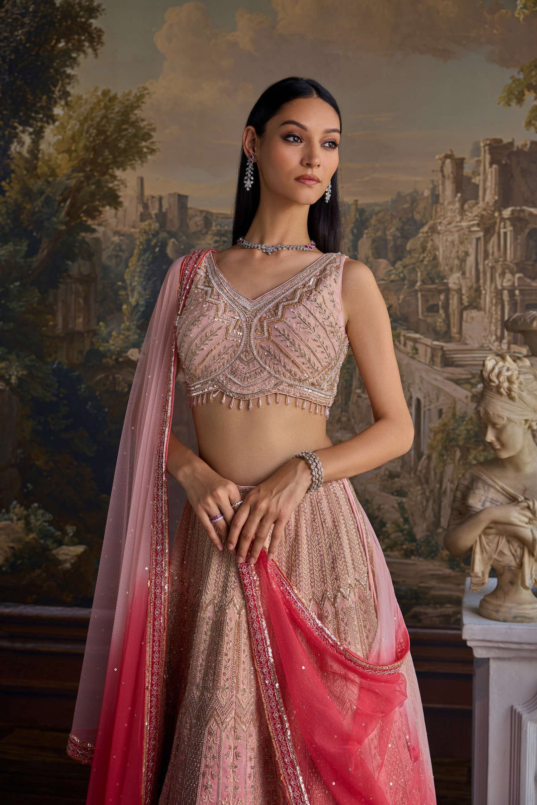 Neerus Pink tissue embellished lehenga set - side view