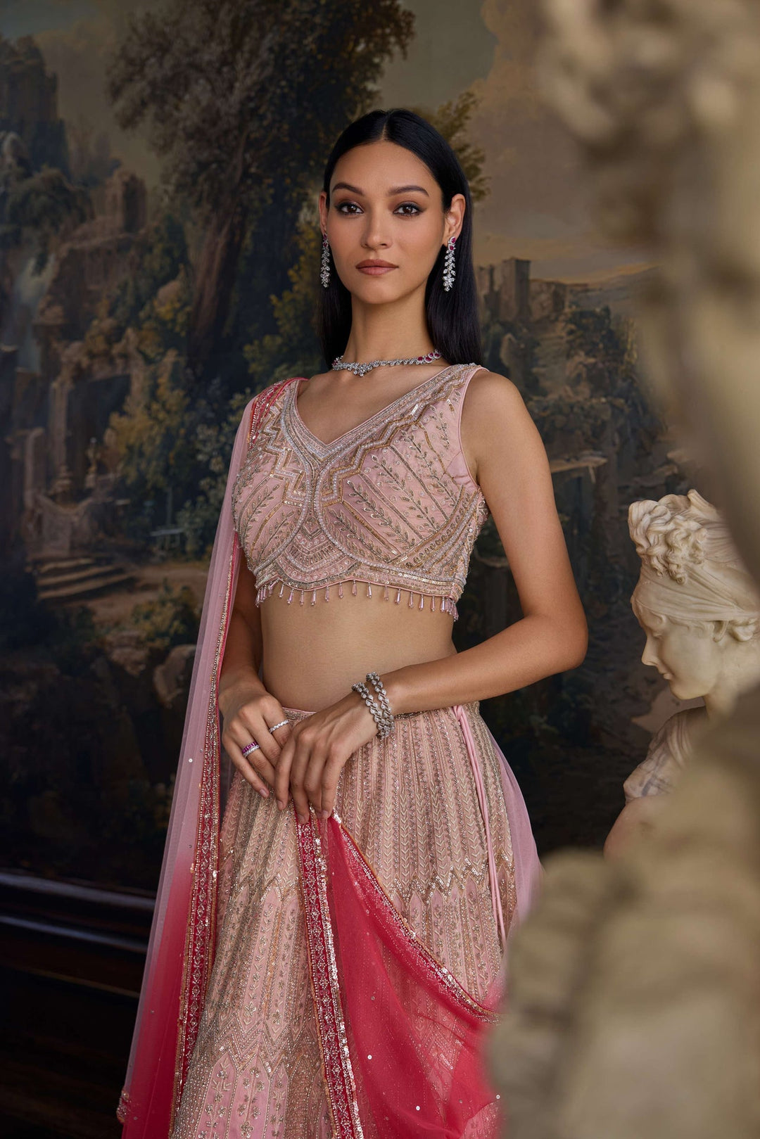 Neerus Pink tissue embellished lehenga set - detail view 1