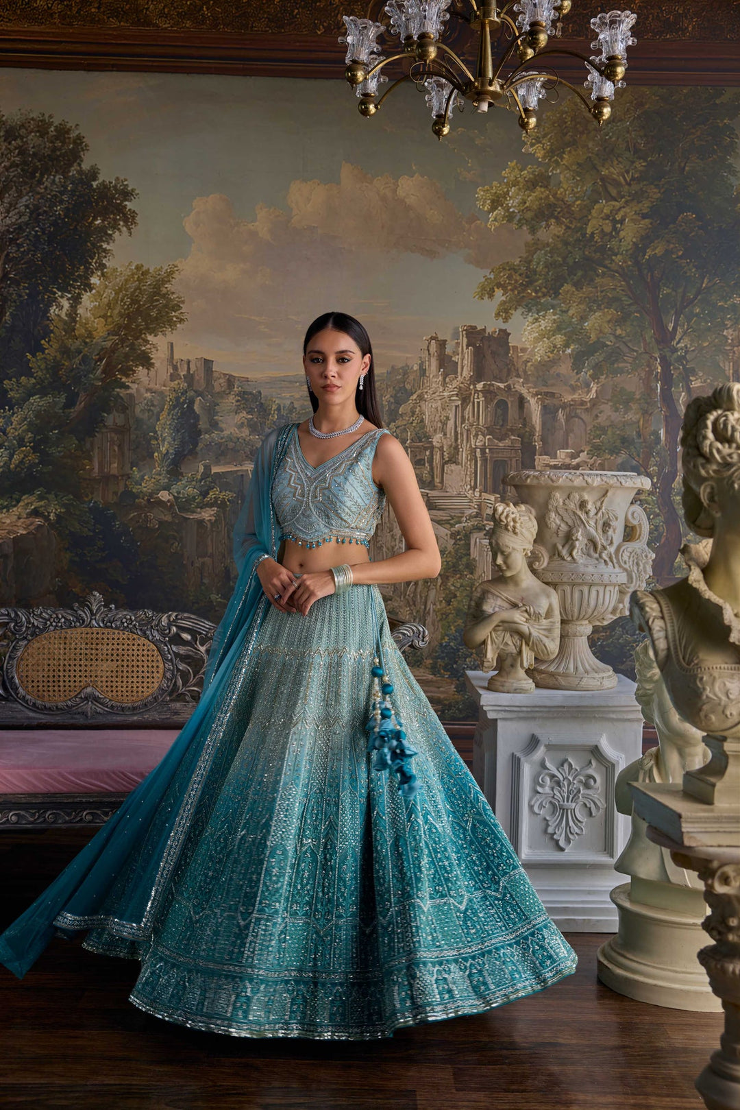 Neerus Blue tissue embellished lehenga set - back view