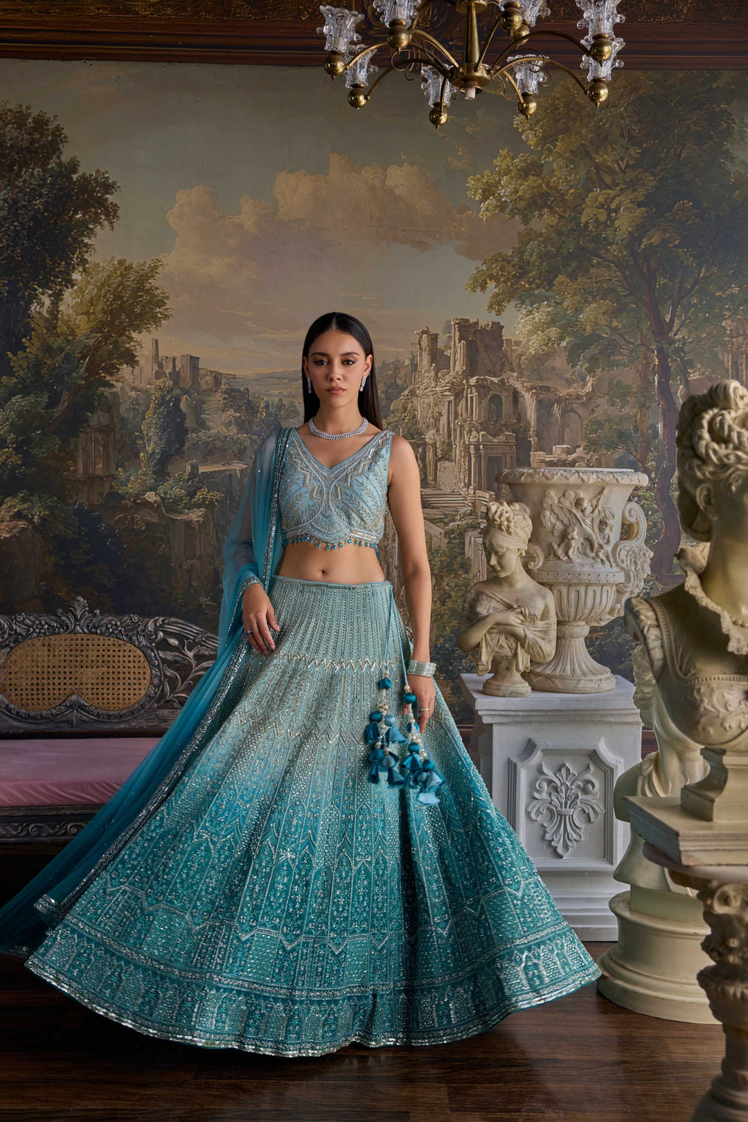Neerus Blue tissue embellished lehenga set - front view