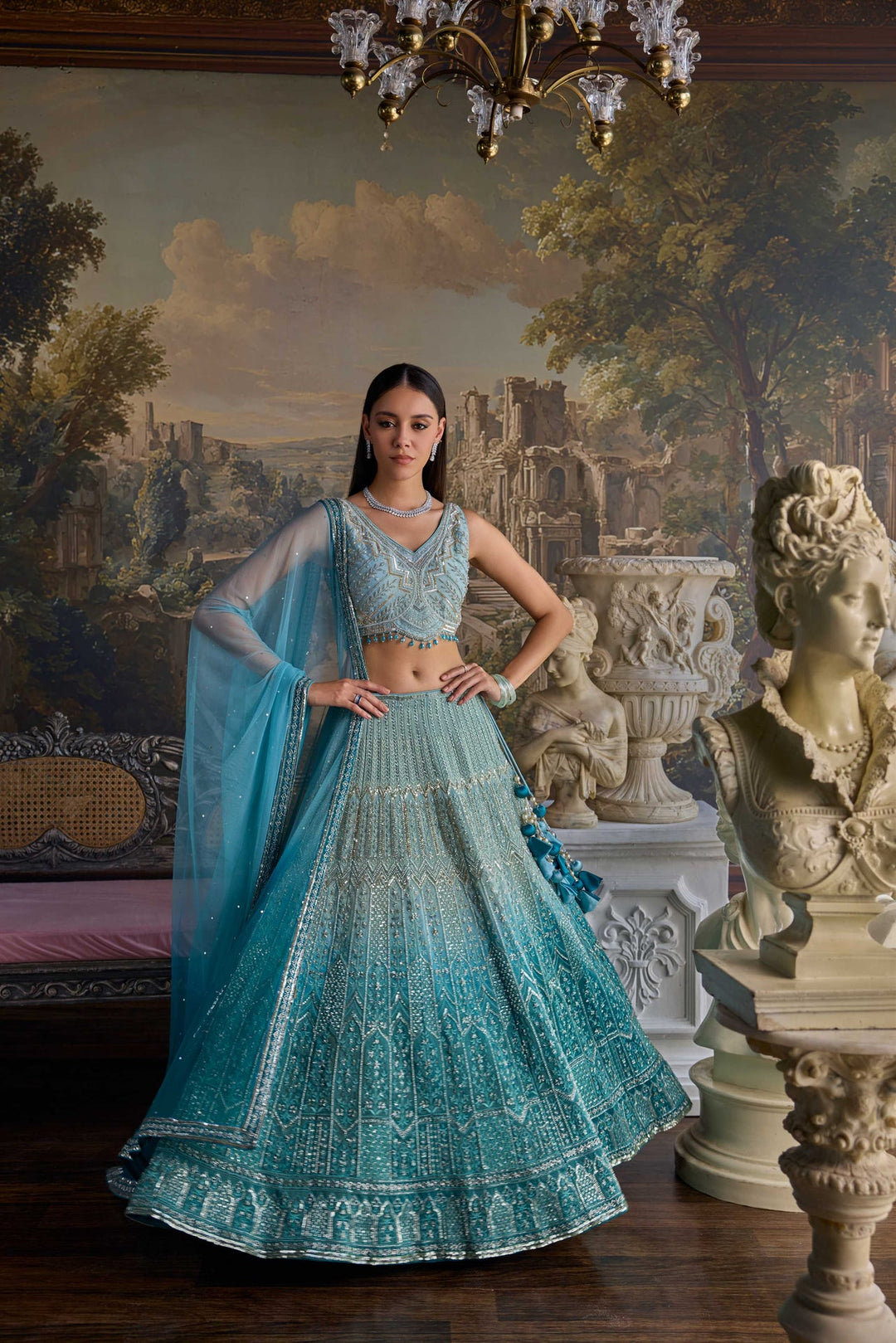 Neerus Blue tissue embellished lehenga set - side view