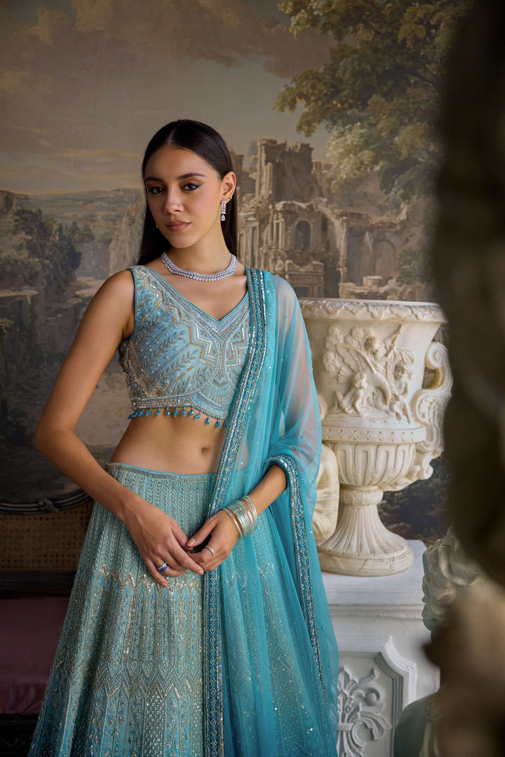 Neerus Blue tissue embellished lehenga set - detail view 1