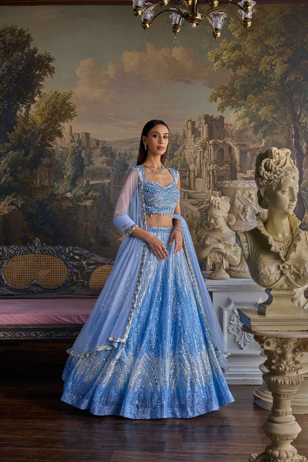 Neerus Blue net hand embroidered lehenga set - front view