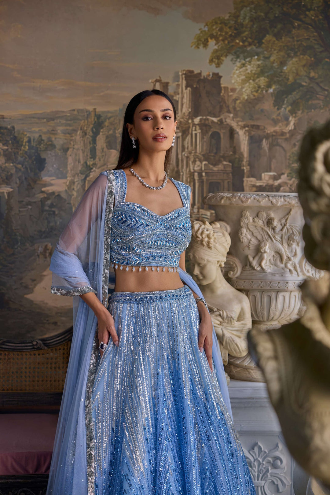 Neerus Blue net hand embroidered lehenga set - back view