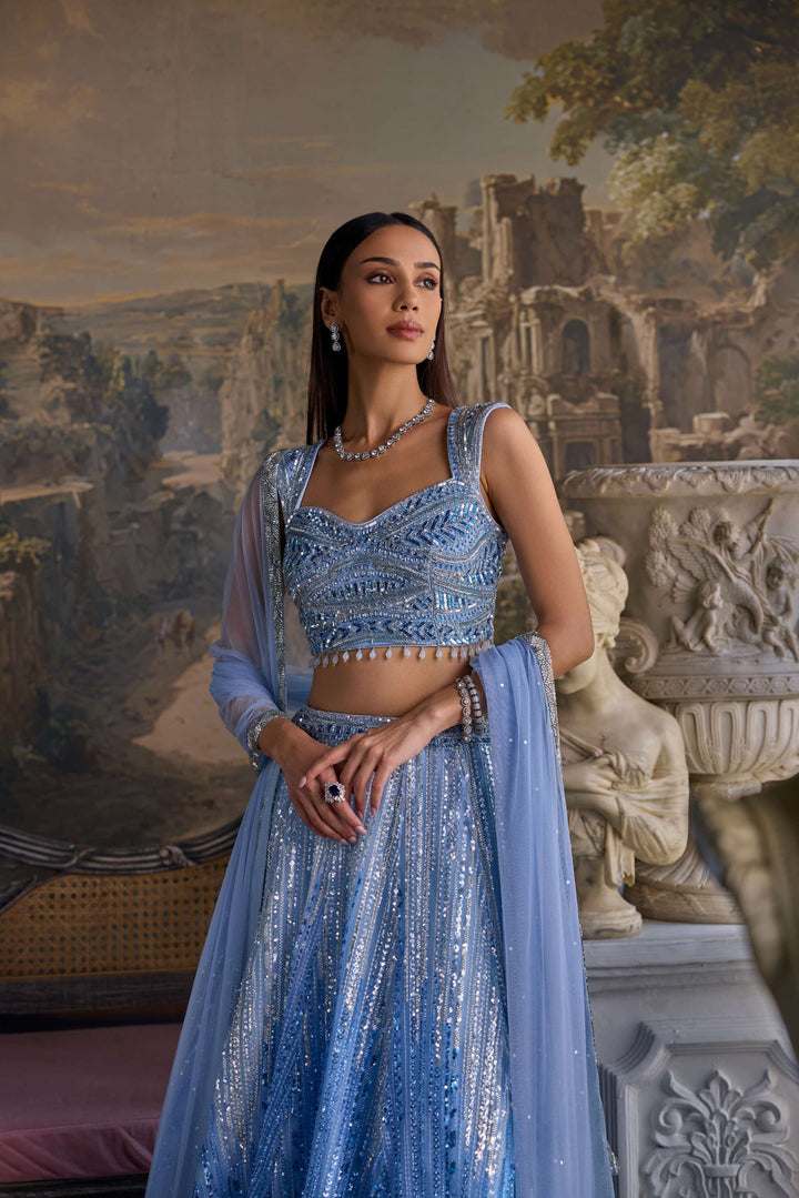 Neerus Blue net hand embroidered lehenga set - side view