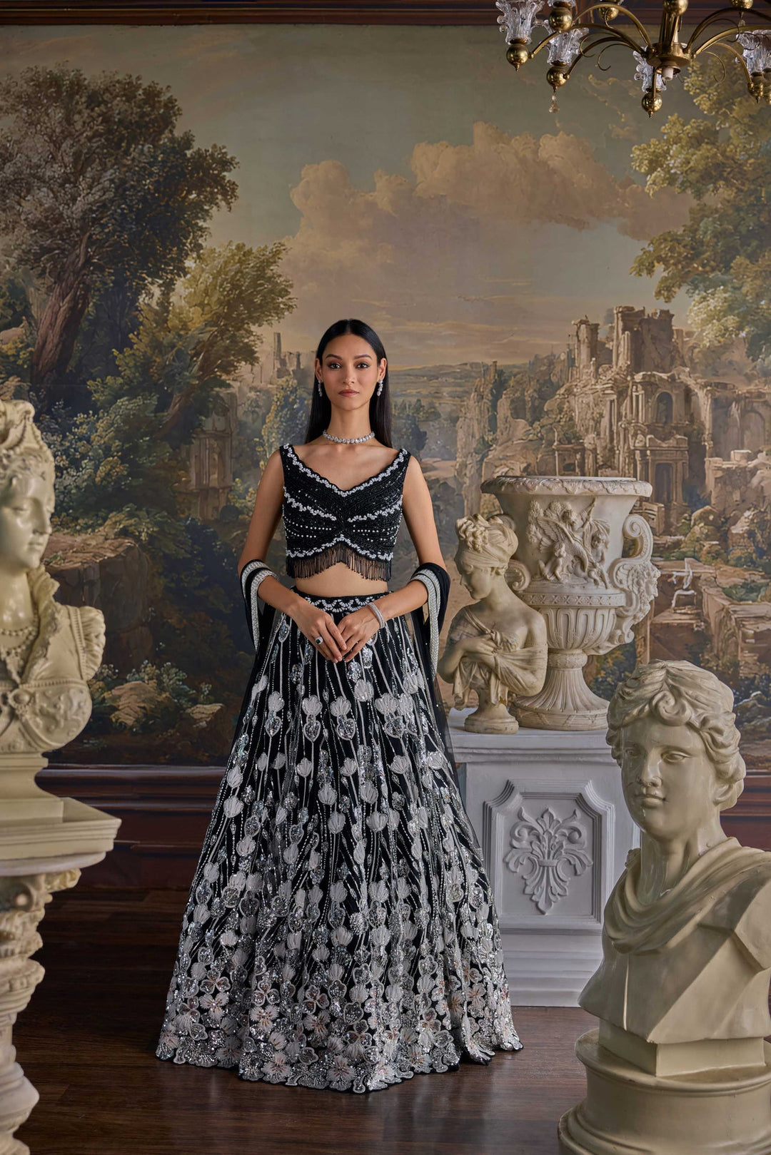 Neerus Black net hand embroidered lehenga set - front view
