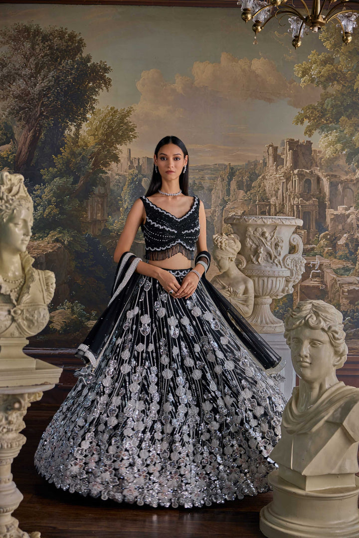Neerus Black net hand embroidered lehenga set - back view