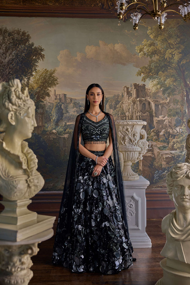 Neerus Black net embellished lehenga set - front view
