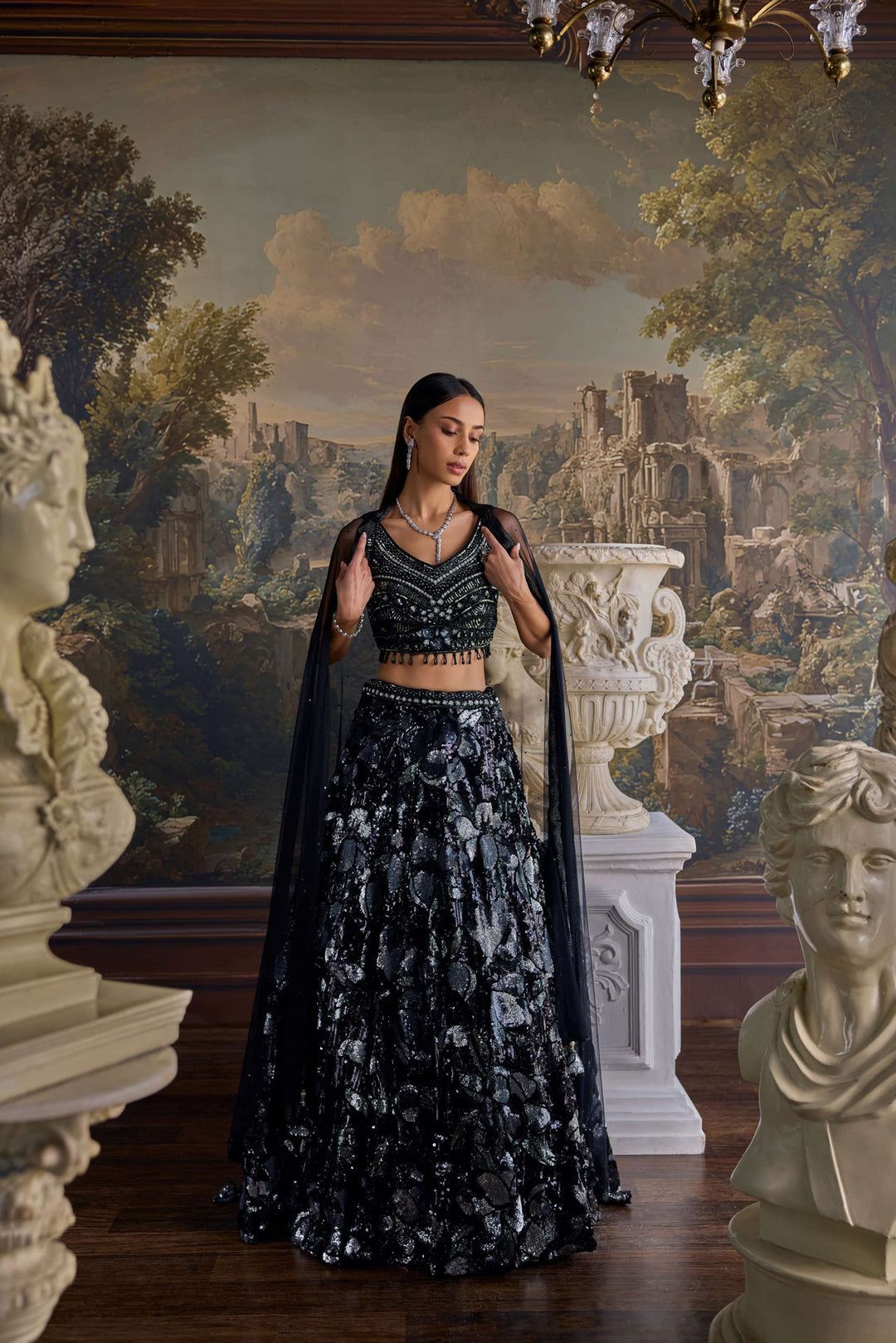 Neerus Black net embellished lehenga set - back view