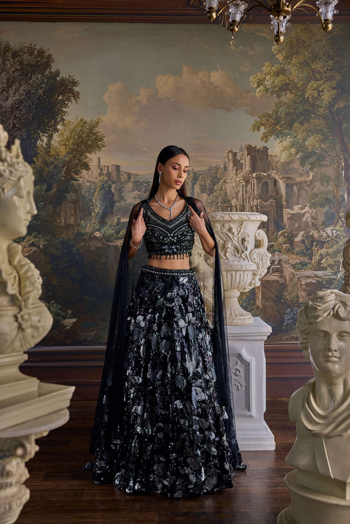 Neerus Black net embellished lehenga set - back view