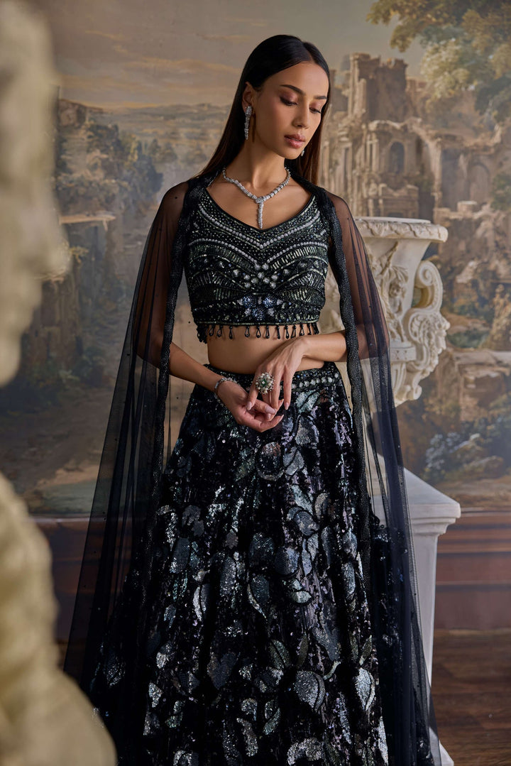 Neerus Black net embellished lehenga set - side view