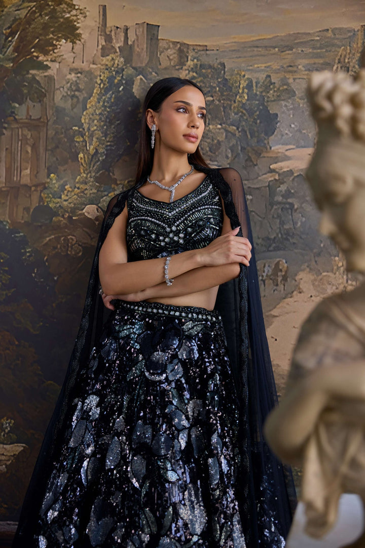 Neerus Black net embellished lehenga set - detail view 1