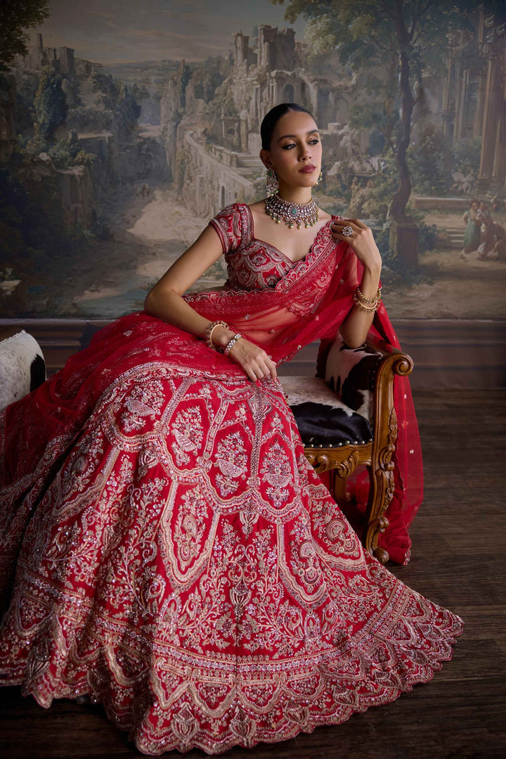 Neerus Red silk hand embroidered bridal lehenga set - side view